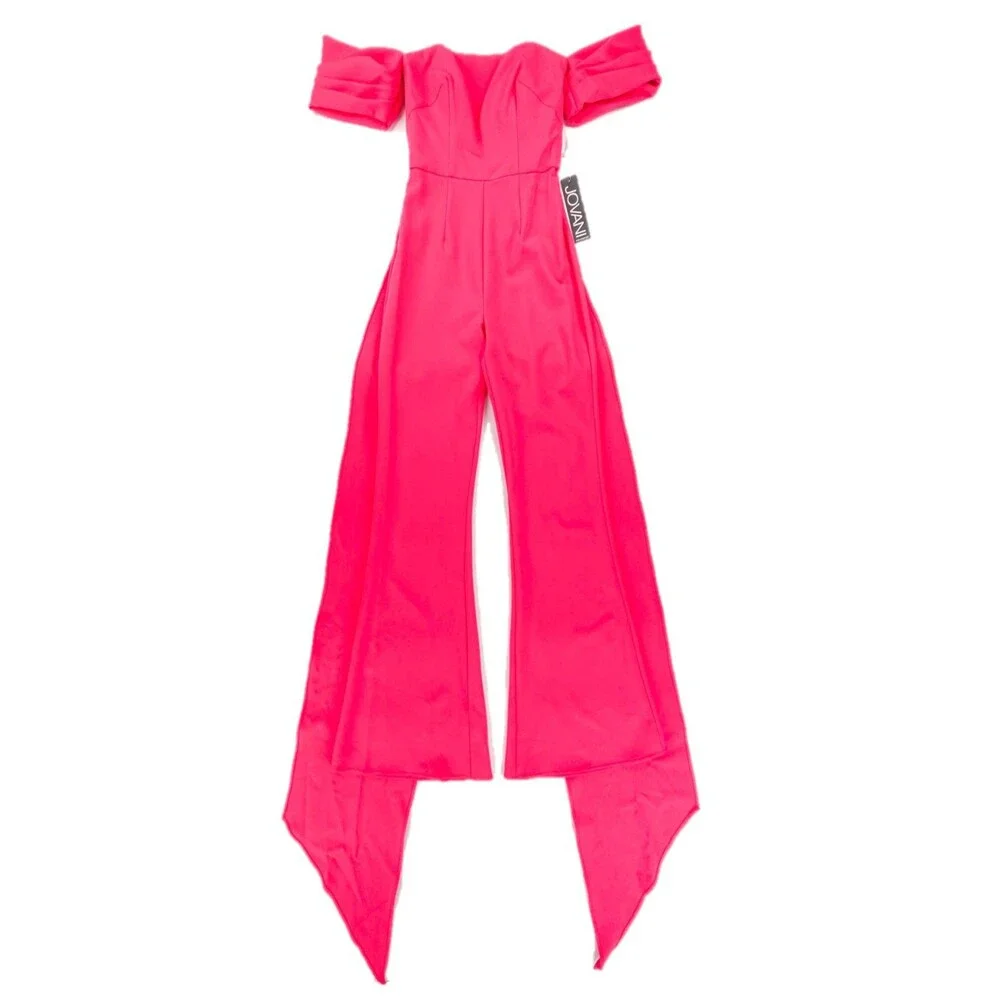 NWT Jovani 08209 Off-shoulder Straight Neck Draped Flare Jumpsuit Lipstick Pink - Picture 1 of 11